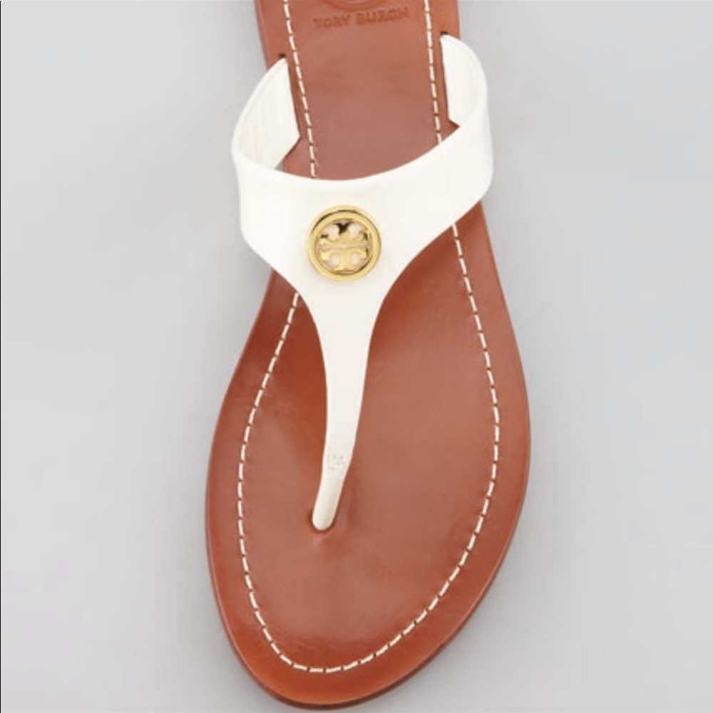 Tory Burch Cameron sandals in white with gold emblem